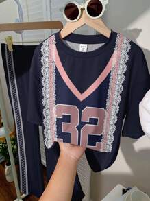 Tween Girl Sporty Lace Bow Numeric Printing Navy Blue Pink Top And Pants 2 Pieces Set,School Back-To-School Summer Cow Boy Casual Minimalist Outfit - Multicolor - View 5