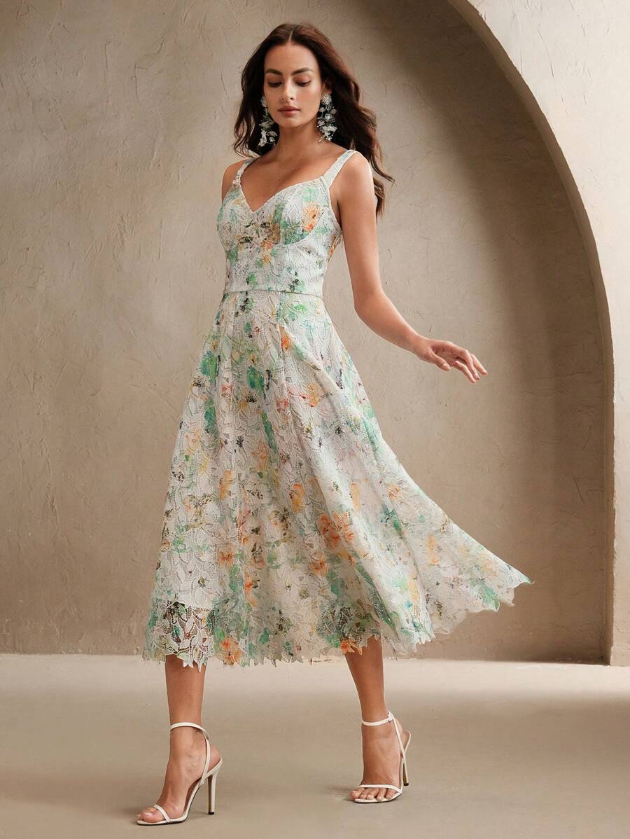 Anewsta 女款優雅蕾絲印花A字細肩帶洋裝,白色花卉夏季婚禮賓客度假海灘復活節春季早午餐穿搭 - 綠色 - 查看 1