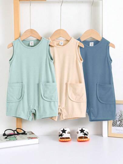 SHEIN 3pcs Set Newborn Baby Boy/Girl Cute Solid Color Knitted Sleeveless Romper, Suitable For Spring/Summer Wear