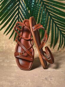 SHUZIA 女士交叉带扣方头平底凉鞋 - 紫紅色 - 查看 2