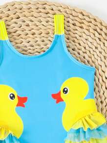 SHEIN Baby Girl Animal Print Mesh Patchwork Round Neck One-Piece Swimsuit - Blue - View 3