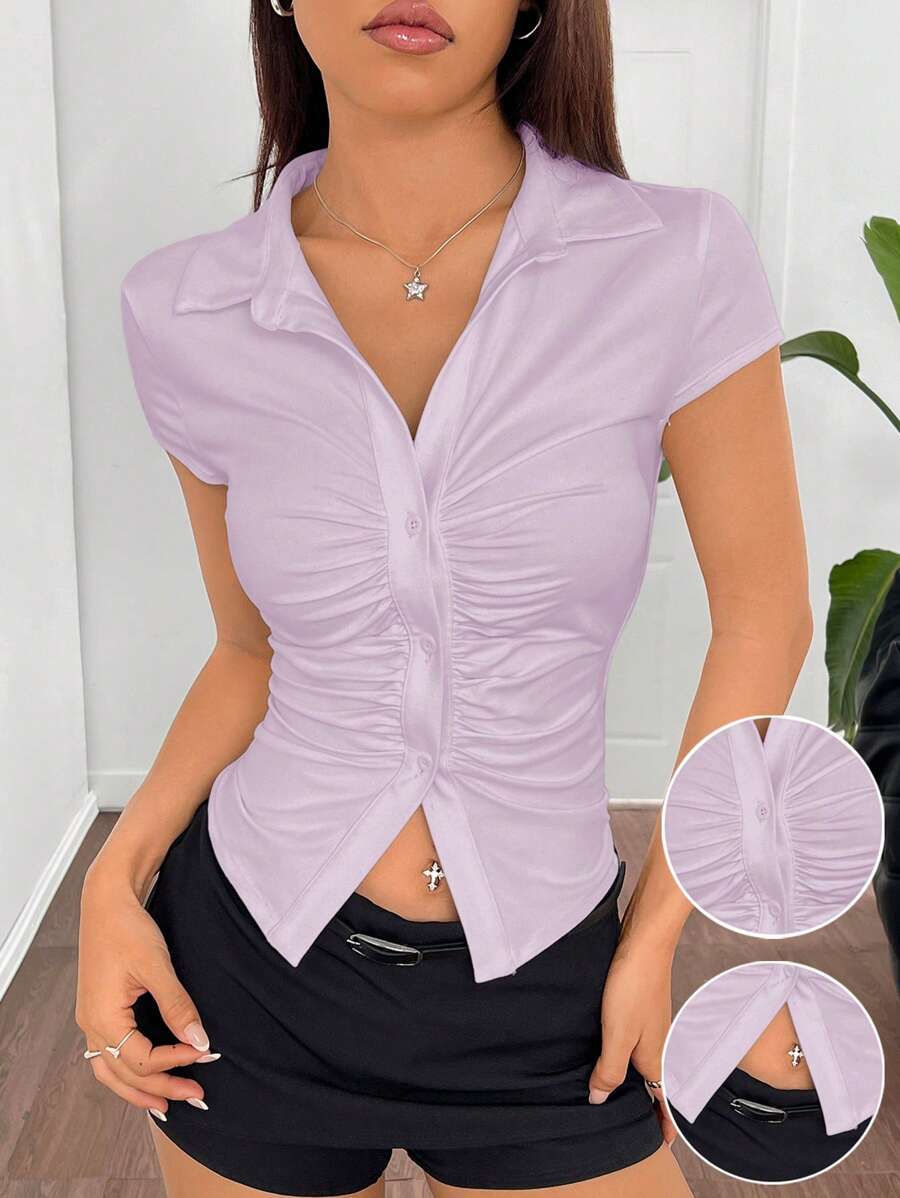 SHEIN EZwear 针织淡紫色褶饰修身短袖T恤 - 紫丁香色 - 查看 1
