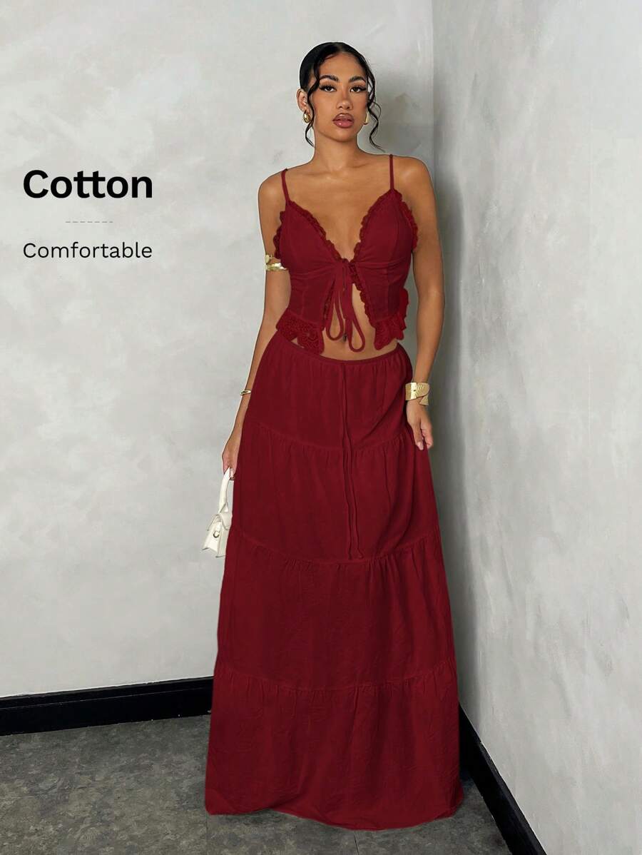 SHEIN BAE 女士夏季海滩度假浪漫约会日常穿着吊带背心蕾丝贴片系带短款上衣 + 低腰褶皱长裙套装，白色亚麻面料