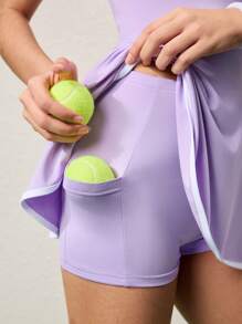 CourtClass Asymmetrical Hemline Twist Knot Waist Sports Dress With Pockets, Spring/Summer Athletic Dress - Purple - View 6