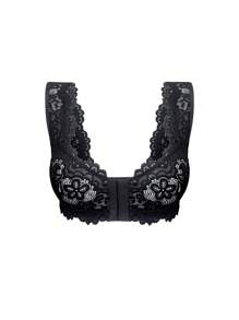 SHEIN Women's Floral Lace Front Closure Fashionable Sexy Lingerie Bra Without Padding - Black - View 4