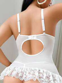 Seduluxe Bộ 4 món cỡ lớn: Áo ngực ren & lưới viền xếp nếp có dây đai garter & tất lưới - trắng - Xem 2