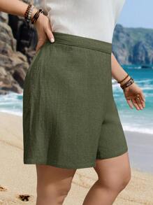 EMERY ROSE Plus Size Button Decor Minimalist Casual Shorts, Suitable For Commuting & Everyday Wear Spring Vacation Linen - Army Green - View 4