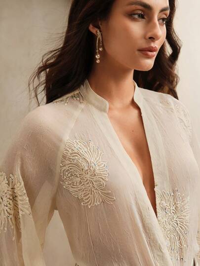 Anewsta Loose Semi-Sheer V-Neck Embroidered Long Sleeve Shirt With Colorful Sequin Detailing, Elegant Office Style For Women