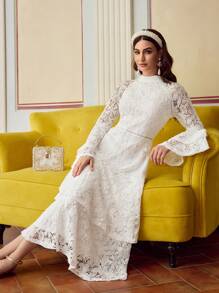 ZEYLAH Đầm tay loe eo cao cổ có viền xếp nếp - trắng - Xem 8