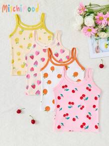 4pcs Young Girl Cute Floral, Heart, Star Print Camisole Underwear Set