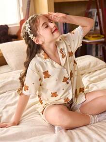 SHEIN Conjunto de pijama corto con manga corta para niñas preadolescentes, con estampado de osito y luna, con parches de encaje y volantes