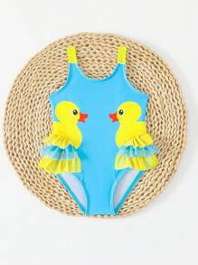 SHEIN Baby Girl Animal Print Mesh Patchwork Round Neck One-Piece Swimsuit - Blue - View 4