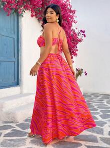 SHEIN VCAY Plus Size Women Holiday Halter Neck Hollow Out Backless A-Line Casual Print Maxi Dress, Rose Red Leopard Print Dress, Mother's Day Dress, Summer Outfits For Women, Beach, Summer Clothes For Women, Boho Women Clothing, Sundress South Beach Outfits Summer Boho Women's Clothing Brunch Outfits For Women Airport Outfit For Women Beach Vacation Outfits City Break Outfits Holiday Outfits Western Clothes For Women Western Wear Women Plus Bohemian Boho Top Boho Chic Boho Style Brasil Leopard Print - Hot Pink - View 2
