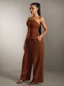 SHEIN SXY Women's Summer Sexy Elegant Minimalist Brown Metal Buckle Decor Vintage Suit Set, Cropped Top And Super Wide-Leg Pants 2Pcs, Suitable For Work, Commute, Date, Party, Birthday, Office, Professional Outfit, Formal Occassion