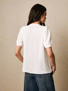 Poéselle 白衬衫、度假衬衫、棉质衬衫、波西米亚风、女士植物刺绣V领短泡泡袖休闲衬衫 - 白色 - 查看 3