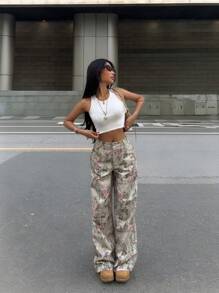 SHEIN EZwear Summer Country Concert Graphic Pants All-Over Print Patch Pocket Loose Fit Suit Pants - Grey - View 5