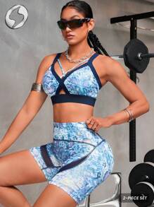 Innovista Women Activewear 2in1 Sets, Foil Print Sports Bra & Leggings Shorts, Faux Leather & Metallic Shine Gym Top & Bottoms, 2pieces Workout Outfits, Hollow Out Animal Breathable Mesh Cut Out & Elastic For Fitness, Shapewear, Sculpting Pants, Snake Leopard Print, Edgy &Unique Sleek & Lux Tracksuit,Music Festival, Party, Dance,Electric, Yoga,Mat,Pilates,Running,Cardio,Going Out,Athleisure,Outdoor,Hike,Trekking,Trail,Strength,Weights, Blue,Y2K,Autumn Fall Gear,Bikini,Bathing Suitfall Outfits For Women Cool Light Blue Allover Print, Cycling Shorts, Utilitarian Chic - Multicolor - View 4