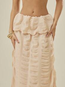 L'Amorae Elegant Romantic Vacation Semi-Sheer Shirred Detail Bubble Maxi Skirt - Baby Pink - View 4
