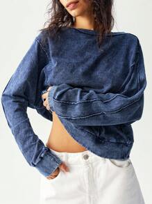 Bohemela Casual Solid Color Knitted Round Neck Loose Fit Long Sleeve Sweatshirt For Women