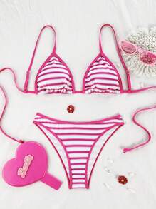 SHEIN Swim Women's Striped Ombre Textured Fabric Print Tie-Front Triangle Bikini Set, Vacation Beach For Summer - Hot Pink - View 1
