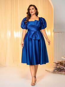 SHEIN Belle فستان زفاف ذو أكمام منتفخة وفيونكة كبيرة بتصميم أنيق رومانسي باللون الأزرق مقاسات كبيرة، فستان سهرة رسمي واسع بطيات كبيرة