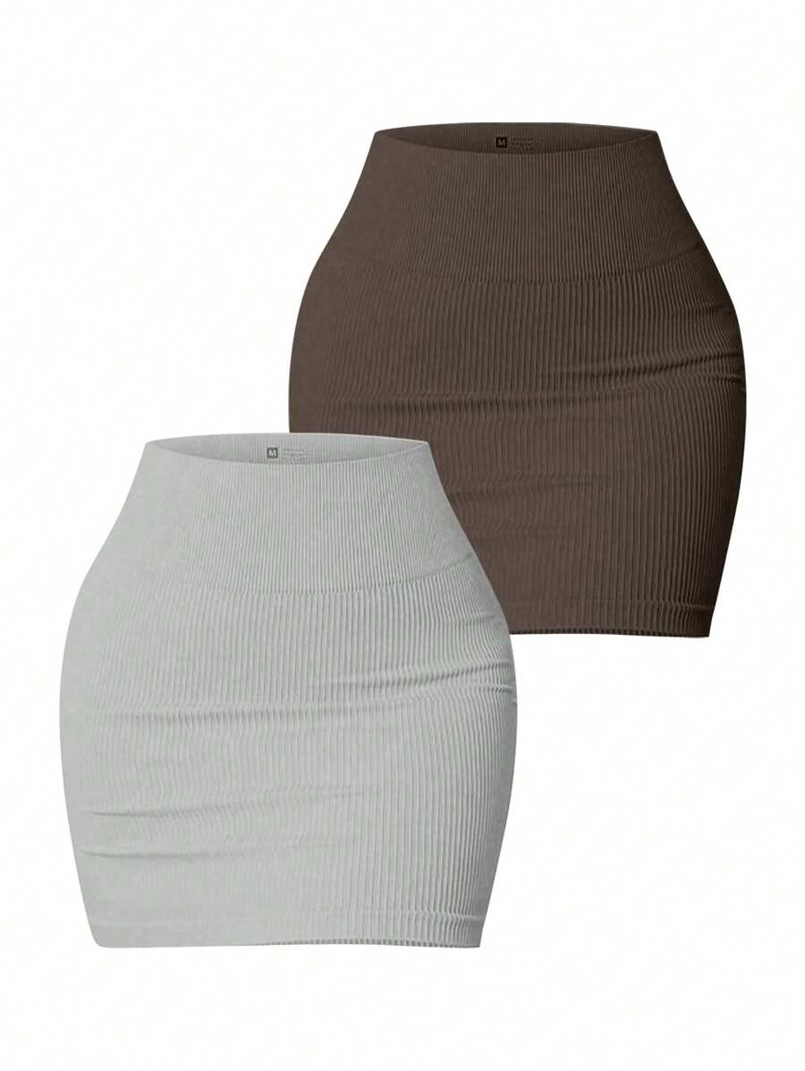 Easithlete Easithlete Set de 2 piezas de falda deportiva de un solo color acanalada para usar a diario y hacer ejercicio para mujeres - Multicolor - Ver 1