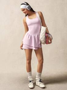 VARSITIE Women's Solid Color Square Neck Ruffled Hem Big Pockets Sleeveless Sport Dress - Pink - View 2