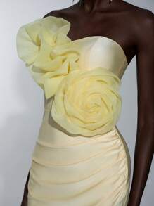 Elitara Elegant, Romantic, Sexy Yellow Knitted Stretchy Fabric Dress With 3D Organza Flowers, Ruching, Waist Cinching, Bodycon Fit, Suitable For Birthday Parties, Weddings, Cocktail Events,Graduation,Graduation Dresses For Women,Back To School Dress - Yellow - View 6