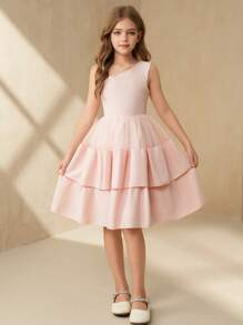 SHEIN 青少年女孩圆领无袖多层网眼拼接荷叶边下摆派对连衣裙