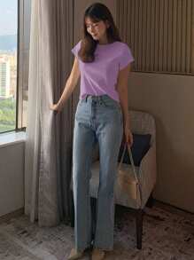 DAZY Women's Round Neck Solid Color Basic White Short Sleeve T-Shirt, Spring And Summer,Business Casual Women - Purple - View 5