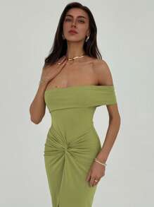 Aloruh Elegant Off Shoulder Twisted Waist Decor High Slit Bodycon Dress - Olive Green - View 4
