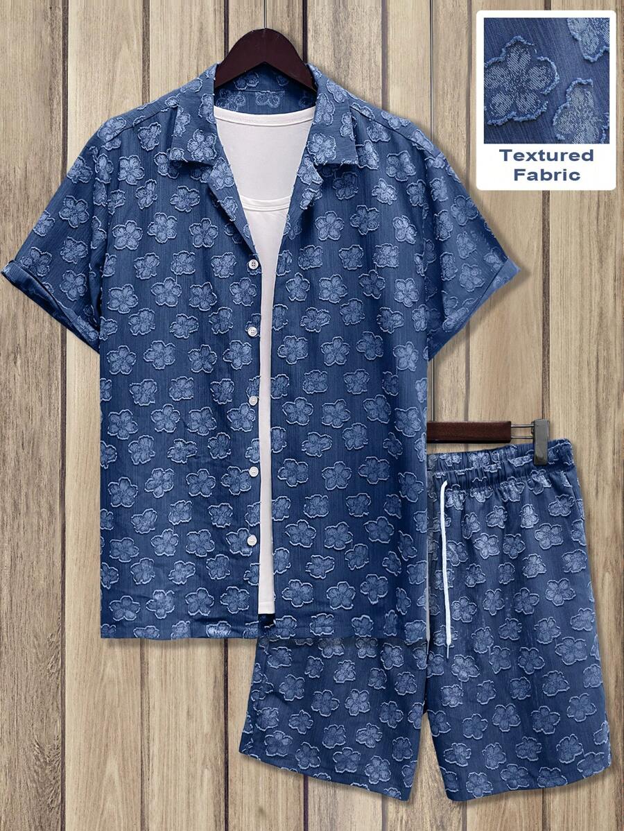 Manfinity RSRT Textured Denim Effect Shirt And Shorts Suit, Minimalist Fashion Suitable For Summer Beach Vacation Outfits Men - Blue - View 1