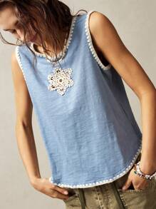 Bohemela BOHO Women's Sleeveless Snowflake Cutout Contrast Color Cute Casual Tank Top