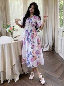DAZY V领印花泡泡袖中长连衣裙，适合女性，波西米亚风度假装扮 - 粉色 - 查看 9