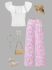 Girls Teen Ditsy Floral 2 Pieces Set: Ruffle Trim Cropped Knit Top & Floral Wide-Leg Pants, Elegant Princess-Style Outfit For Wedding Season, School, Campus, College - Multicolor - View 1