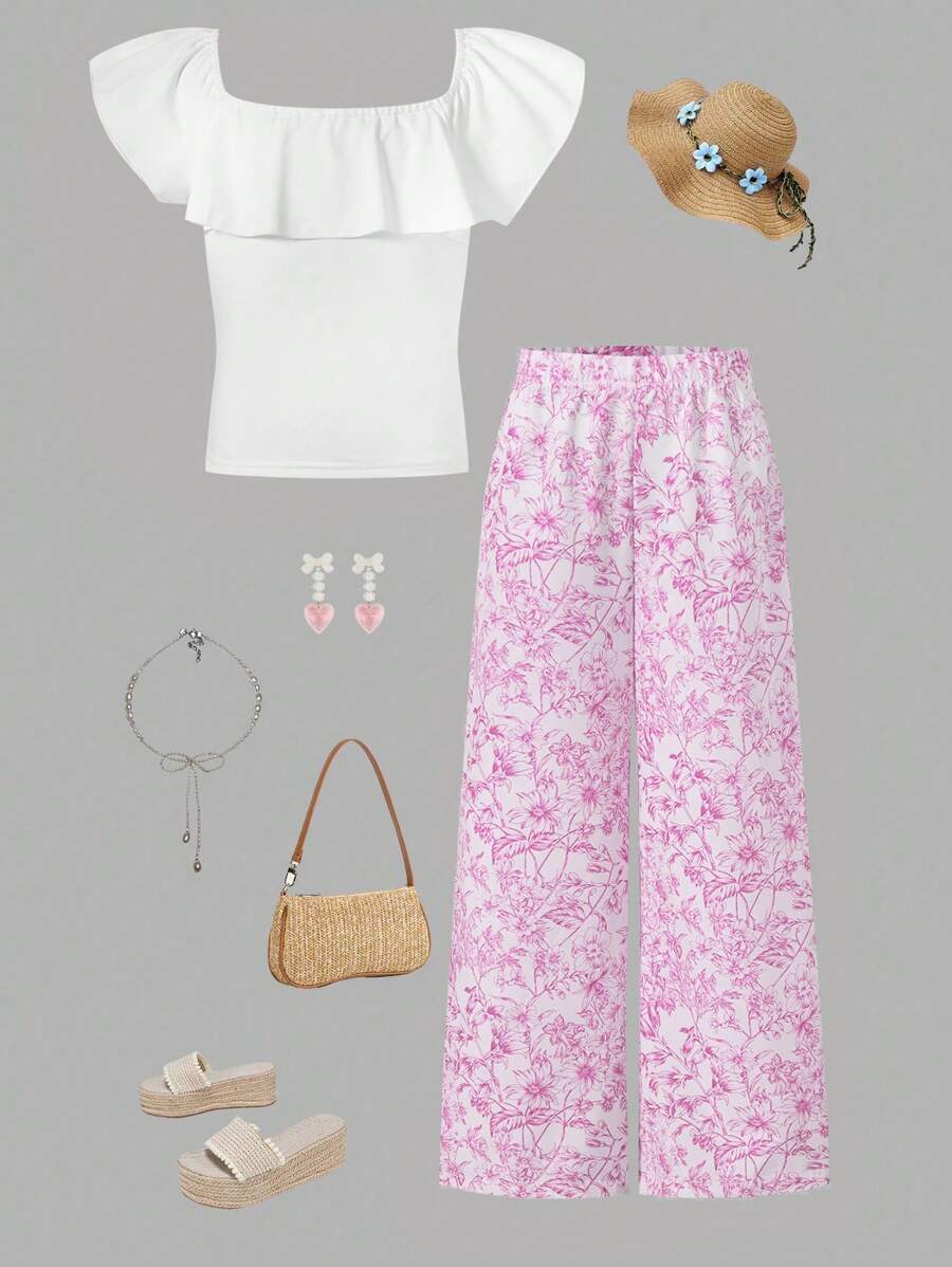 Girls Teen Ditsy Floral 2 Pieces Set: Ruffle Trim Cropped Knit Top & Floral Wide-Leg Pants, Elegant Princess-Style Outfit For Wedding Season, School, Campus, College - Multicolor - View 1