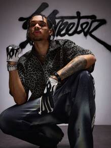 AXEPEAK Men's Leopard Print Zip Placket Short Sleeve Casual Shirt, Streetwear Edition - Grey - View 7