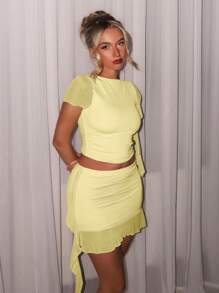 Glamine 2 Pieces Sets Sexy Pink Color Asymmetrical Ruched Sheer Body Sets,Going Out Sets,Birthday Sets,Holiday Party Sets,Women Date Night Outfits,Concert Outfits,Graduation Dress,Street Style Sets, Women 2 Pieces Clothing Two Pieces Outfits For Women Woman 2 Pieces Outfits - Yellow - View 6