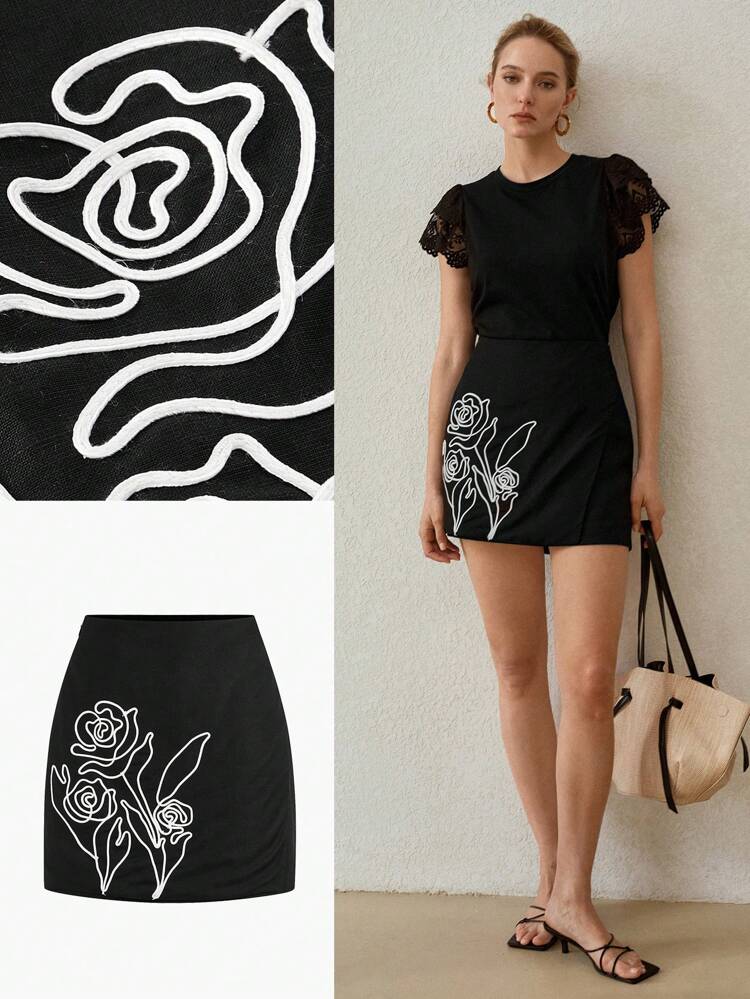 LINEN FLORAL EMBROIDERY SKIRT
