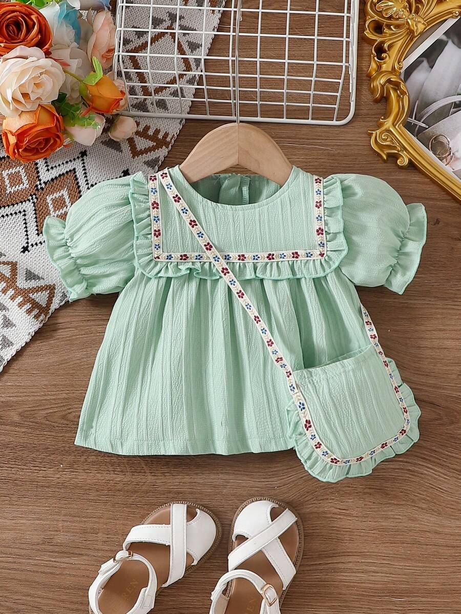 2pcs Set Baby Girls Sage Green Princess Ruffle Trim Short Sleeve Top With Flower Ribbon Bow,Cute Summer Family Matching Outfit For Spring & Autumn - Mint Green - View 1
