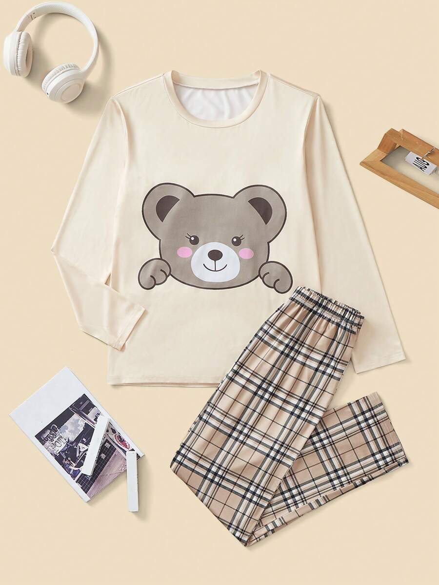 2件套牛奶丝图案印花套头长袖和裤子舒适睡衣，适合青少年男孩 - 黃色 - 查看 1