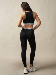 VARSIVA Women's High Waisted Letter Tape Contrast Trim Sports Leggings - Black and White - View 2