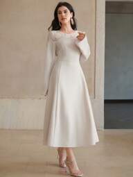 DAZY Women Solid Color Contrast Lace Round Neck Long Sleeve Elegant Mid-Length Dress,Fall Dress Wedding Women Dresses