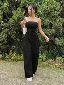 Muchica Women's Black Strapless Sleeveless Jumpsuit Semi-Sheer Woven Fabric Long Zipper Detail - Black - View 7