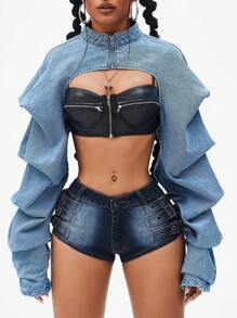 Jeanoix 女士性感拉链前短款牛仔夹克，适合嘻哈派对 - 淺色水洗藍 - 查看 5