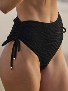 Aralina Textured Drawstring High Waisted Bikini Swimwear Set With Swim Bag For Summer Beach Vacation - Black - View 3