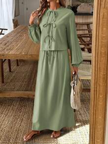 SHEIN LUNE Textured Fabric Front-Middle Knotted Long Sleeve Shirt & Midi Skirt Set Fall Cloth For Women - Green - View 4