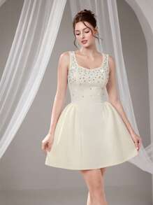 Poshira Abito da sera lungo e ampio in tulle con cristalli incrostati, senza maniche, da donna, taglia comoda, abito elegante da laurea o da cerimonia, abito da donna bianco morbido, regalo di laurea, abito da festa, abito da ballo