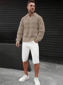 Manfinity Homme Men's Khaki Knitwear Semi-Sheer Sweater: Casual Long Sleeve Collared Rib-Knit Design With A Regular Fit And Length Perfect For Layering - Khaki - View 5