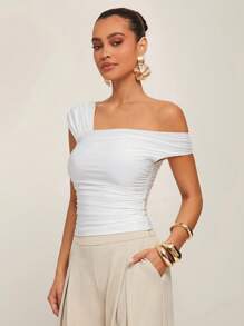 Silquee Tee-shirt mode ajusté avec plis, col asymétrique, couleur unie pour femmes